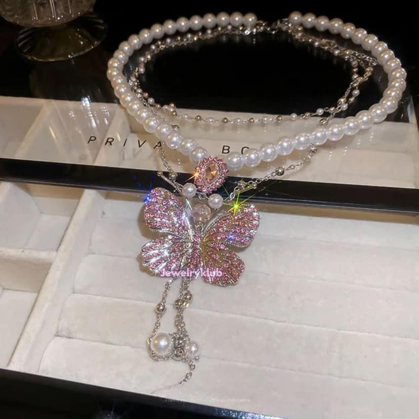 Jewelryklub Fancy Stylish Colourful Butterfly Themed Pearl Colored Stones Studded Pendant Necklace Neckchain Accessories For Everyday Wear For Women & Girls Modern Design view 5