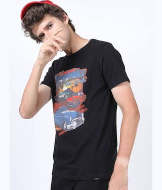 Highlander Men Cotton Slim Fit Printed T-Shirt ( Black )