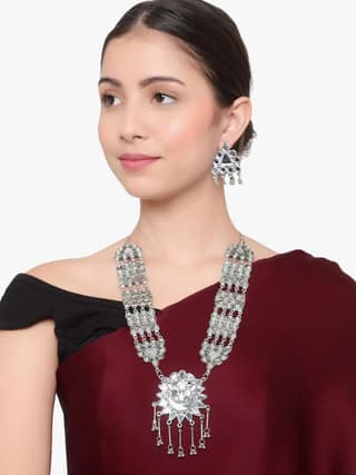 Cardinal Mirror Oxidized Silver Color Long Necklace Set