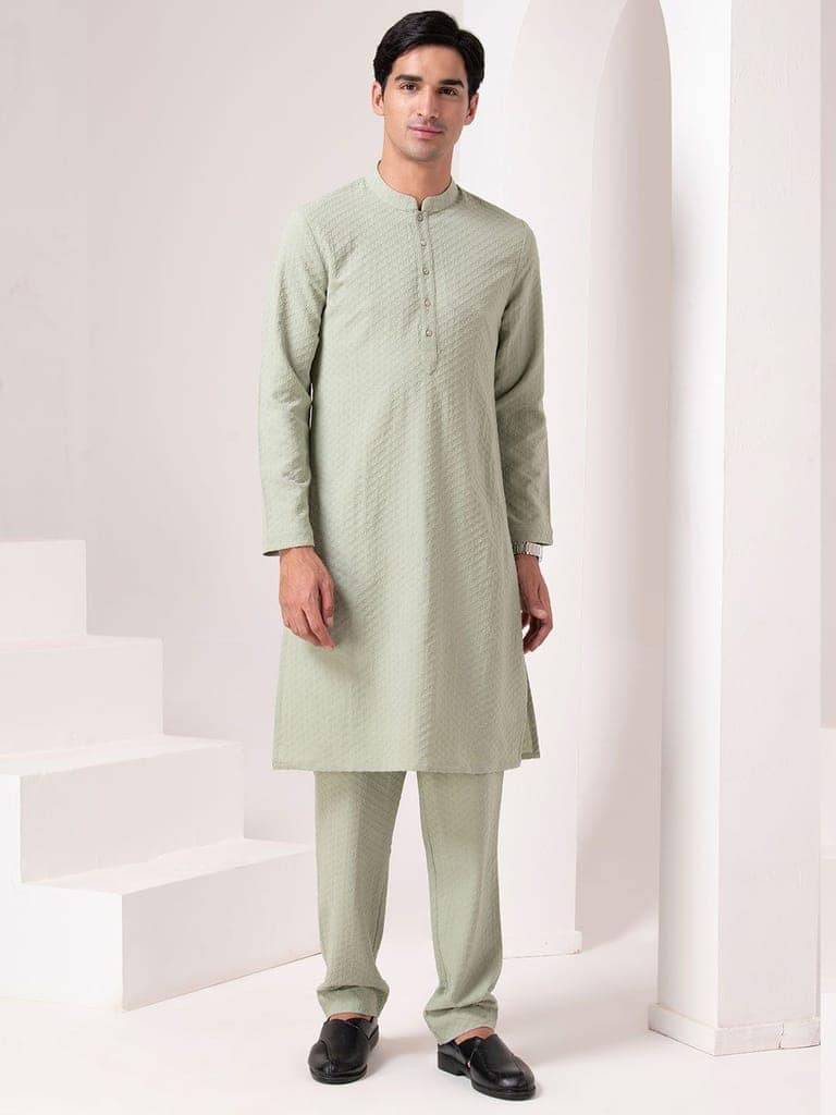 Tonal Emb Kurta Set view 4