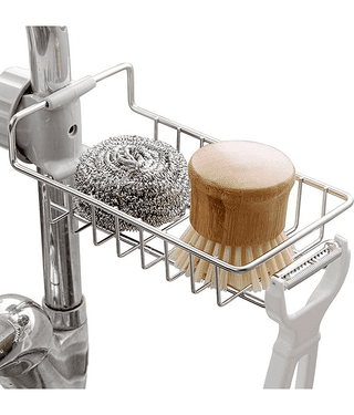 Kitchen Sink Faucet Sponge Holder Caddy organizer over, stainless steel heavy duty thickening hanging drain rack for scrubbers, sop, bathroom, detachable no suction cup bathroom sop holder