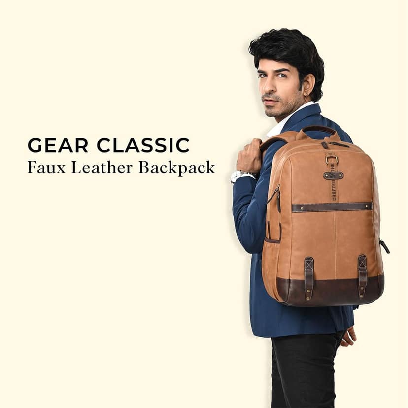 Classic 4 19"/31L Medium Faux Leather Water Resistant Anti Theft Laptop Backpack | Casual Backpack | Daypack | Travel Backpack | College Bag For Men/Women (Tan - Brown) view 2
