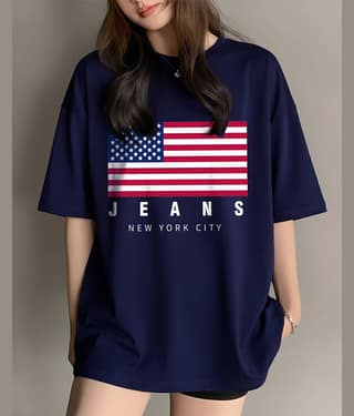 AUSK Women Cotton Blend Printed Loose Round Neck T-Shirt ( Blue )