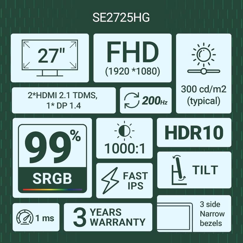 Dell SE2725HG 27" FHD IPS Gaming Monitor, 200Hz Refresh, 3side narrow bezels, 1ms GtG, AMD FreeSync Premium, HDR 10, 300nits, 1000:1 Contrast, 99% Srgb, Tilt, 2*HDMI 2.1 TDMS(supports HDMI VRR),DP 1.4 view 4