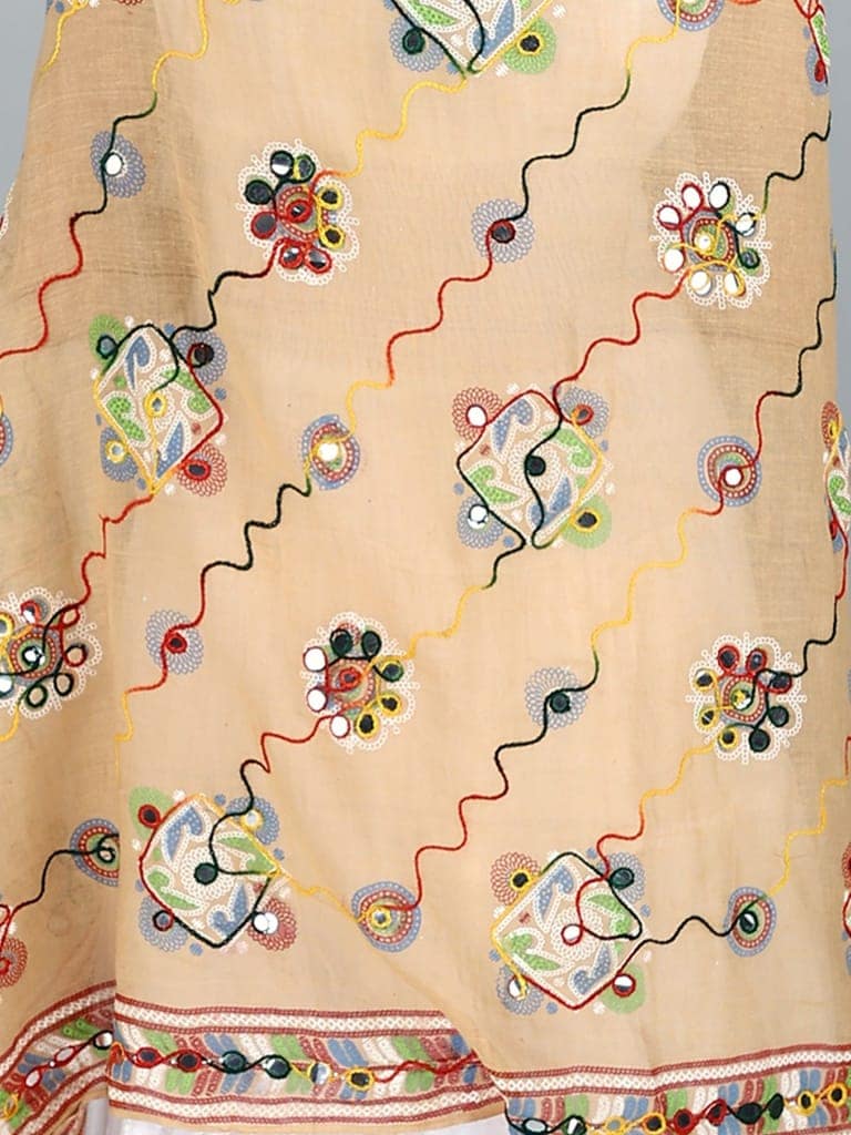 Beige Printed Dupatta from Kutch with Hand-Embroidered Florals and Mirrors view 4