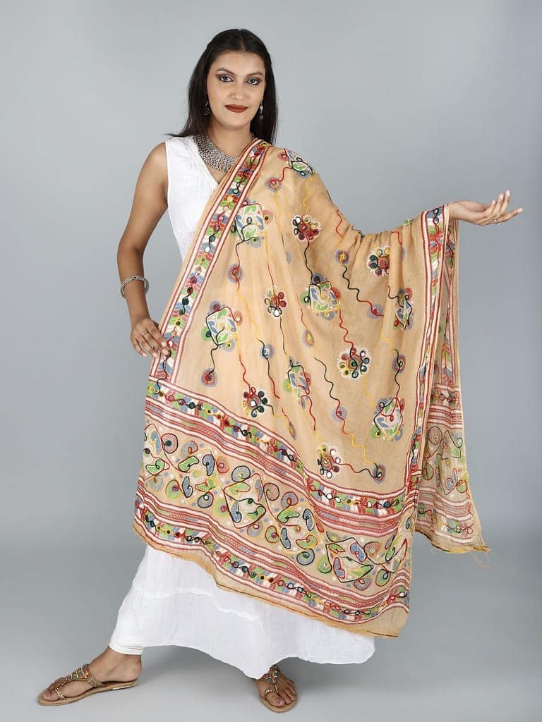 Beige Printed Dupatta from Kutch with Hand-Embroidered Florals and Mirrors view 5