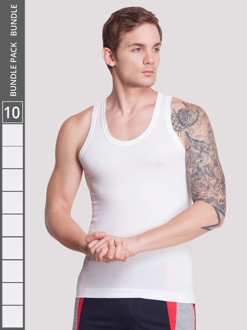 Men's White Pack of 10 Solid Egyptian Cotton Vest