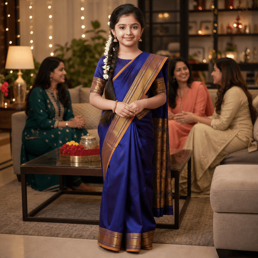 Mom and Me Ready-to-Wear Girls Ethnic Saree | Pre-Stitched Belgaon Silk Saree with Blouse | Golden Zari Border for Kids (1–10 Years) view 3