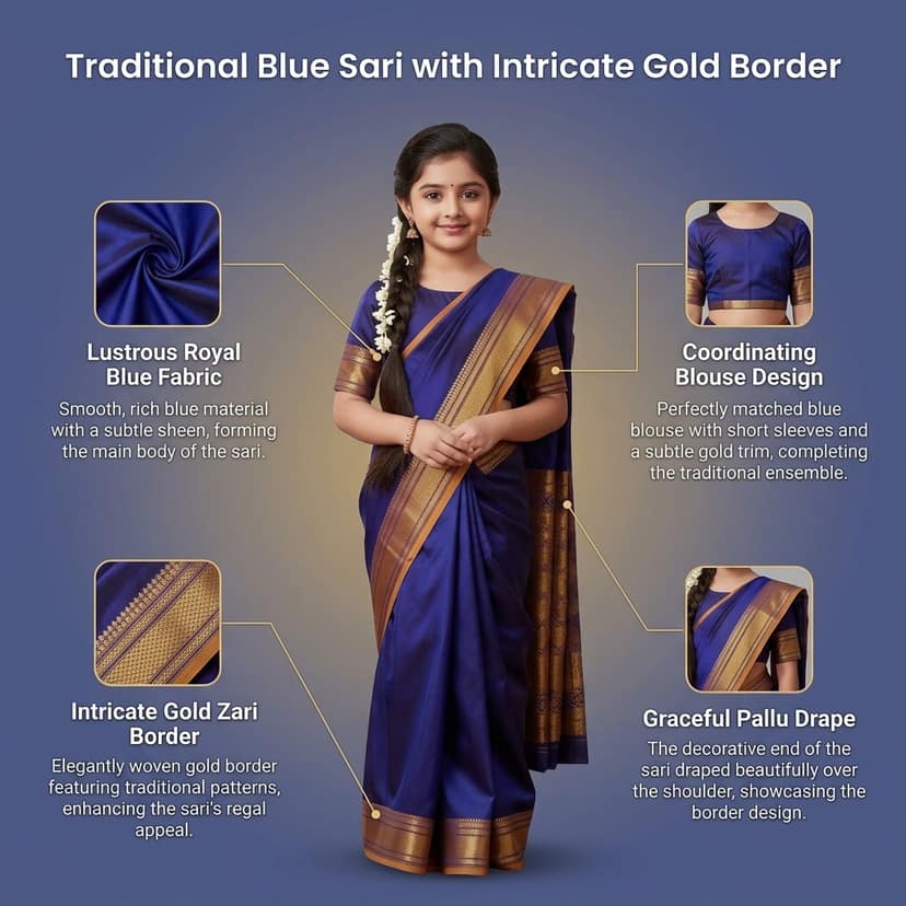Mom and Me Ready-to-Wear Girls Ethnic Saree | Pre-Stitched Belgaon Silk Saree with Blouse | Golden Zari Border for Kids (1–10 Years) view 4
