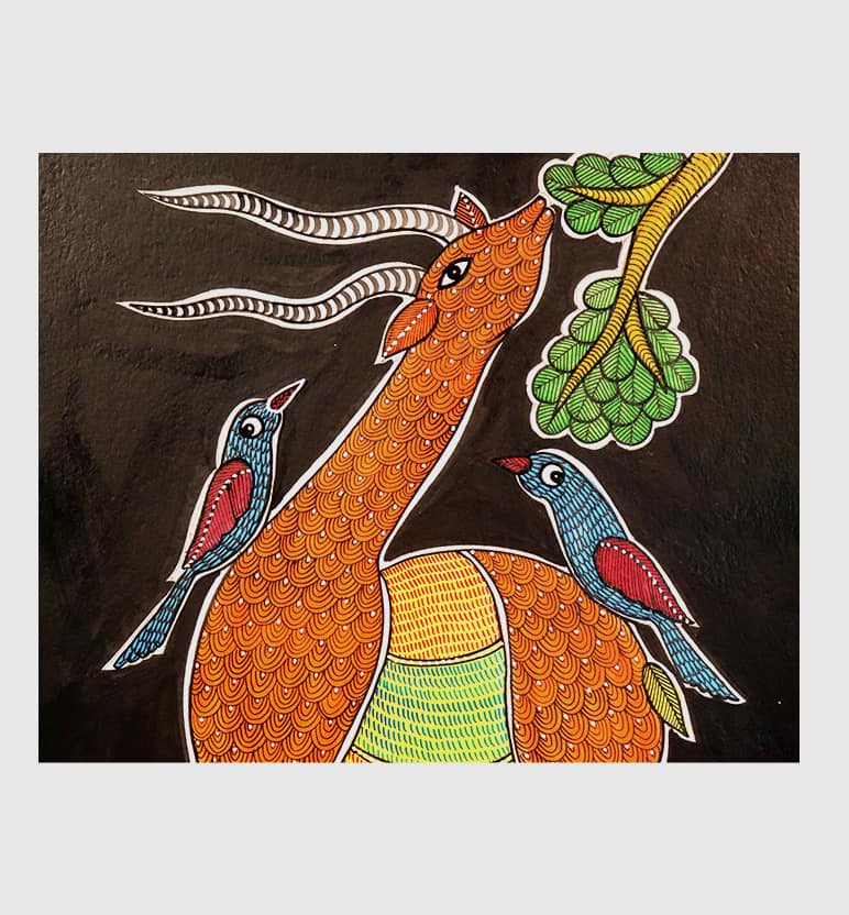 Handcrafted Gond Antelope with Birds Painting | Traditional Tribal Folk Art of Madhya Pradesh view 2