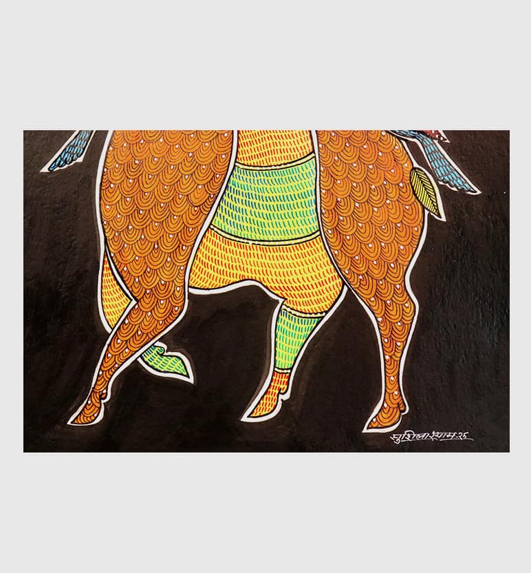 Handcrafted Gond Antelope with Birds Painting | Traditional Tribal Folk Art of Madhya Pradesh view 3