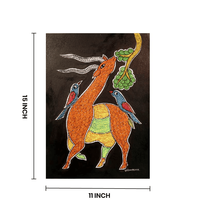 Handcrafted Gond Antelope with Birds Painting | Traditional Tribal Folk Art of Madhya Pradesh view 5