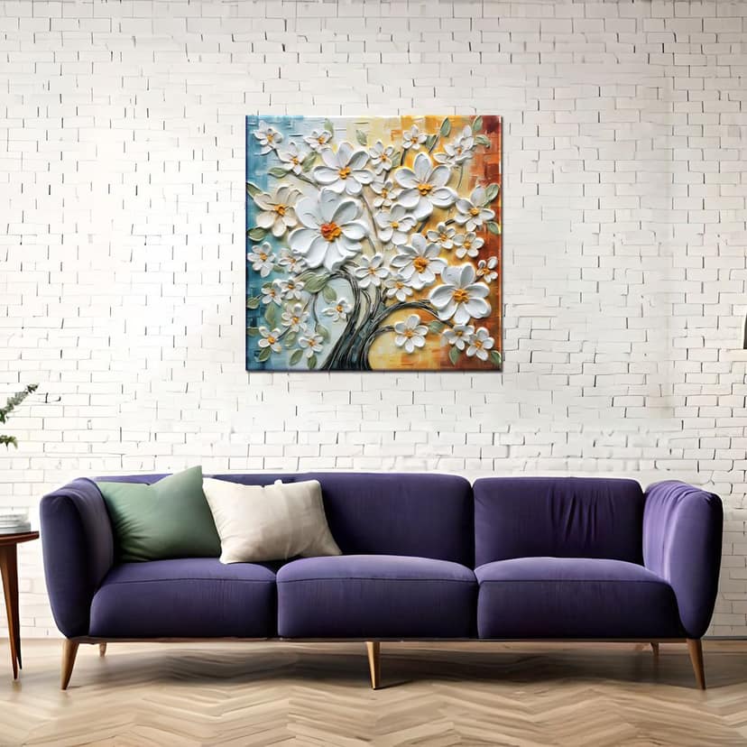 TEXTURED WHITE FLORAL TREE PAINTINGS 24in X 24in WITH BLACK FRAME