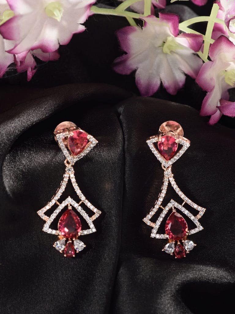 Rose Gold Plated Pink Ruby & White AD Studded Quirky Dropdown Earrings view 2