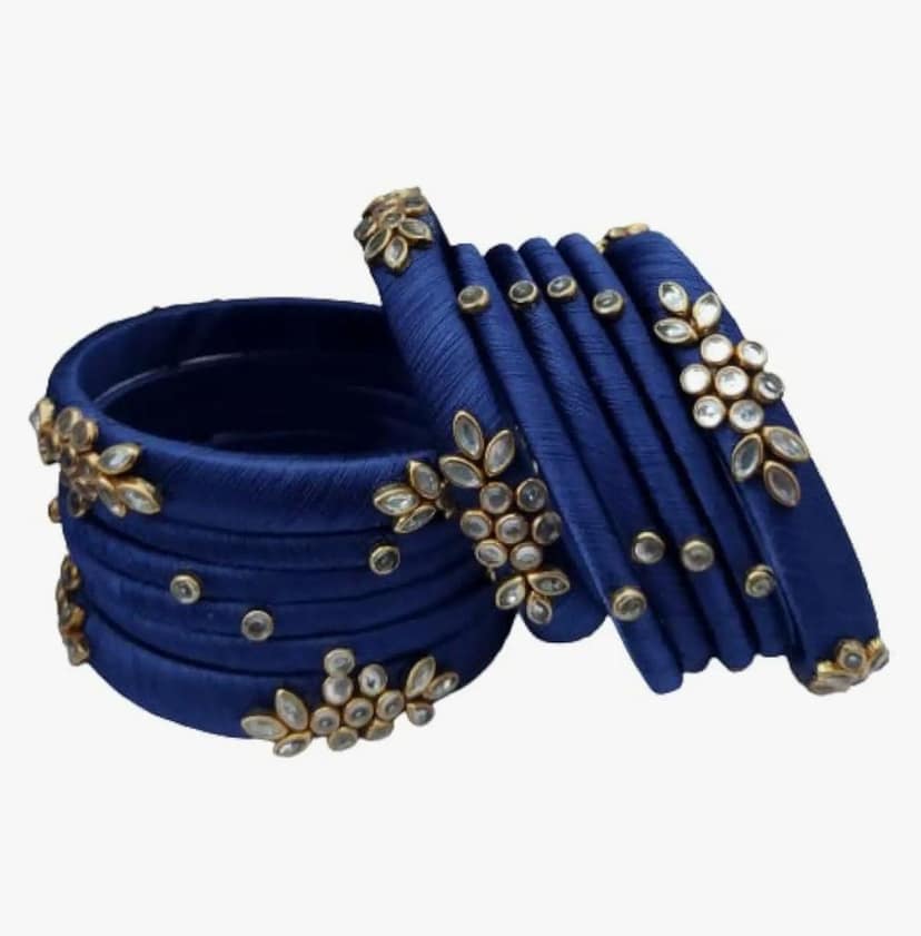 Blue Silk Thread Bangle Set with Stone Work - Set of 8 view 2