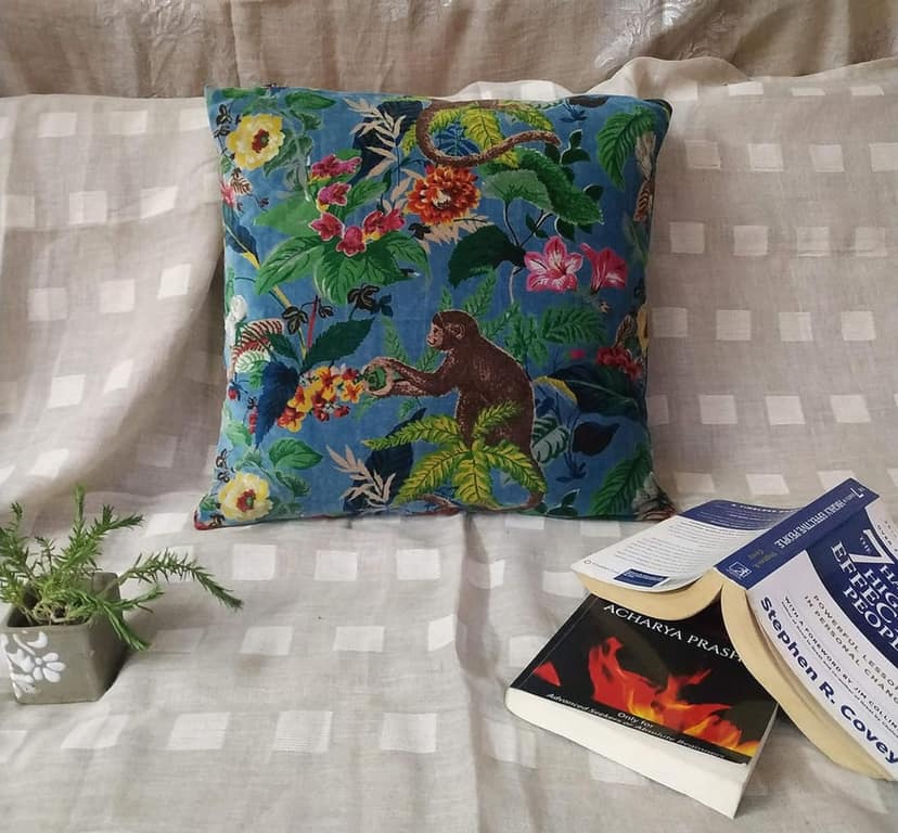 Kirti Finishing | Blue Monkey Print Velvet Cushion Cover 16 inches view 5