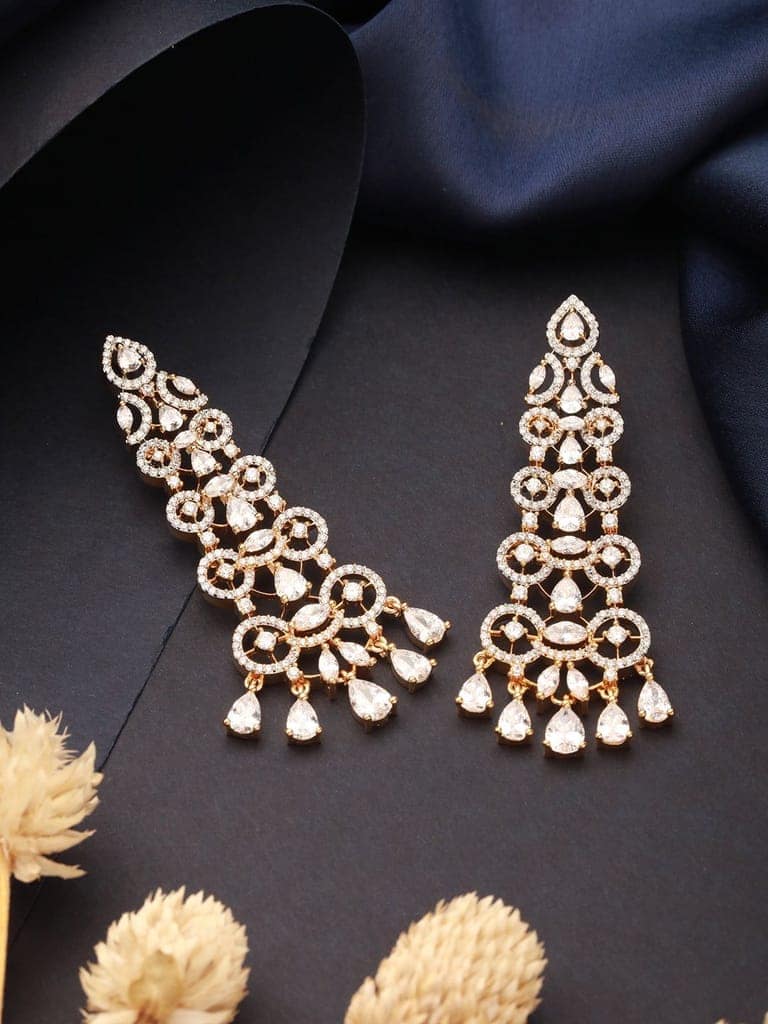 Gold Toned AD Zircon Studded Designer Dangler Partywear Earrings view 2