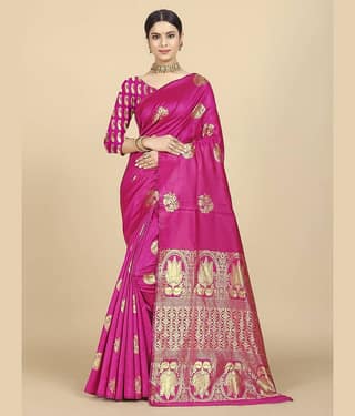 BLEESBURY Banarasi Silk Self Design Saree With Unstitched Blouse Piece ( Pink )
