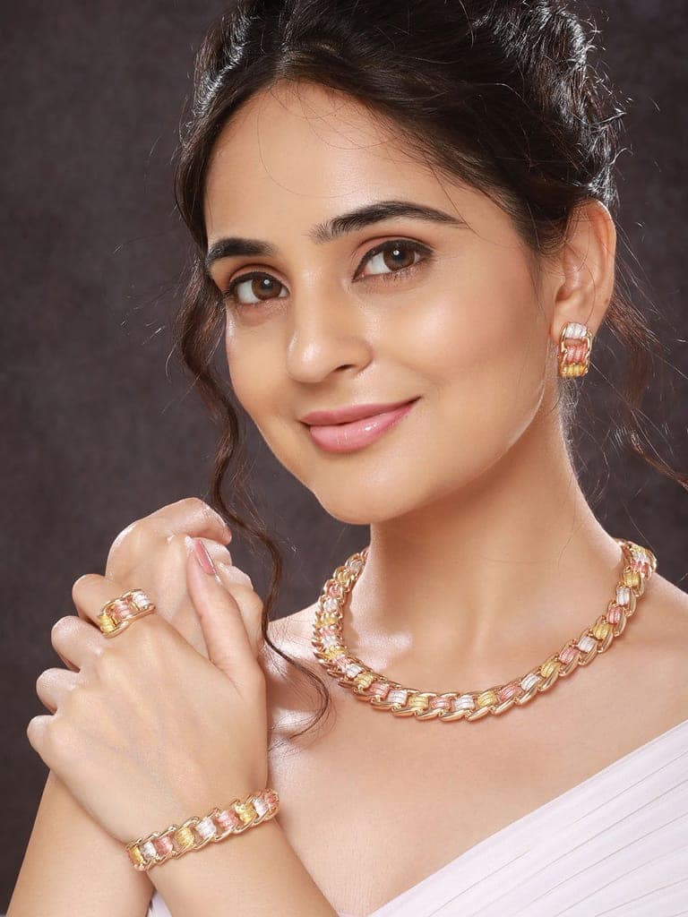 Anti-Tarnish Rose Gold Plated Tricolor Combo Jewellery Set view 2