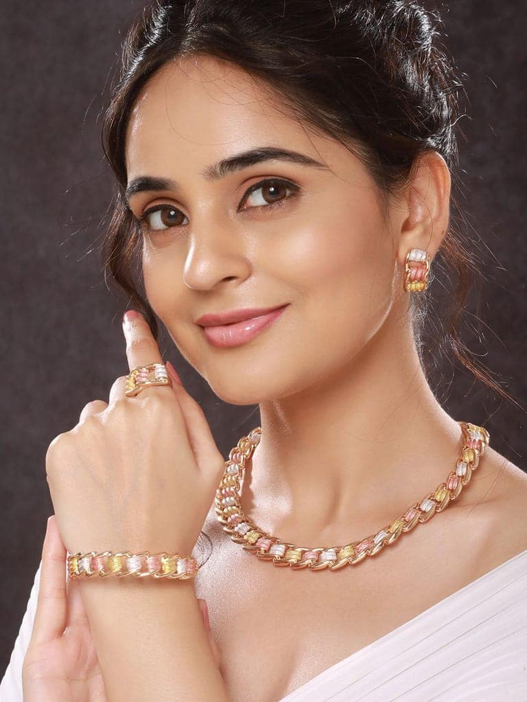 Anti-Tarnish Rose Gold Plated Tricolor Combo Jewellery Set view 4