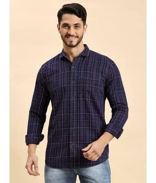 HJ HASASI 100% Cotton Slim Fit Checks Full Sleeves Men's Casual Shirt - Navy ( Pack of 1 )