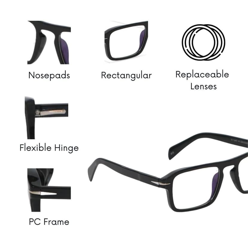 4Flaunt Full Rim Anti Glare Zero Power Rectangular Spectacle Frame | Lightweight, Sturdy & Trending | UV Protection Specs | Men & Women | Medium (Black) view 5