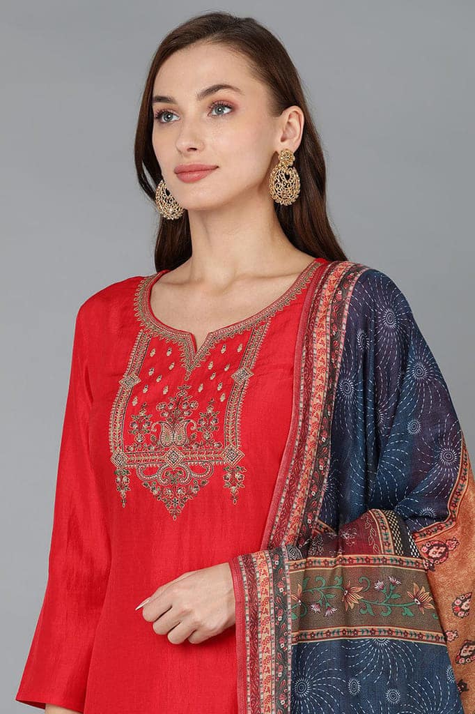 Silk Blend Red Embroidered Straight Kurta Pant With Dupatta PKSKD1769 view 2