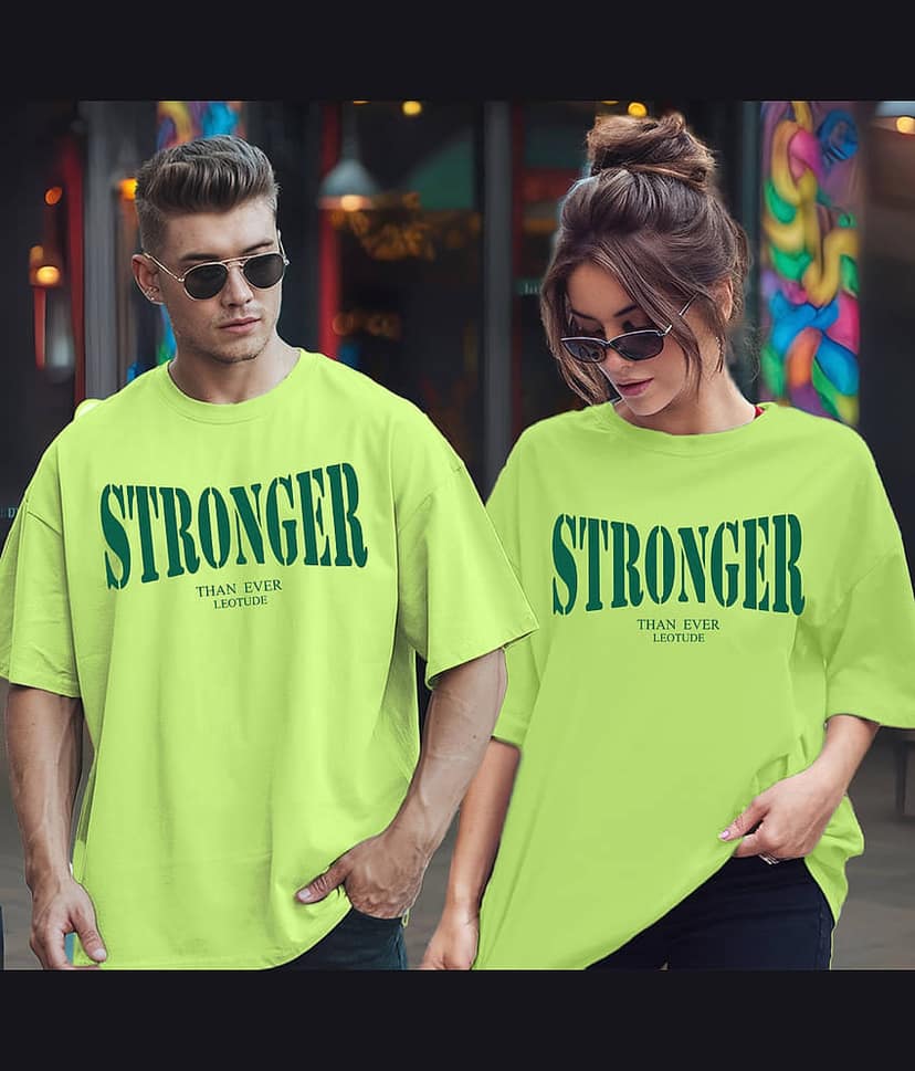 Leotude Lime Green Blended Oversized Fit Couple T-Shirt
