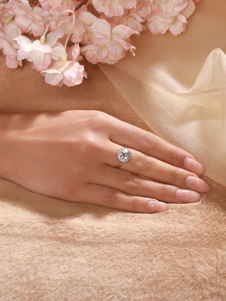 925 Sterling Silver Rhodium Plated Zircon Studded Floral Contemporary Adjustable Finger Ring view 2