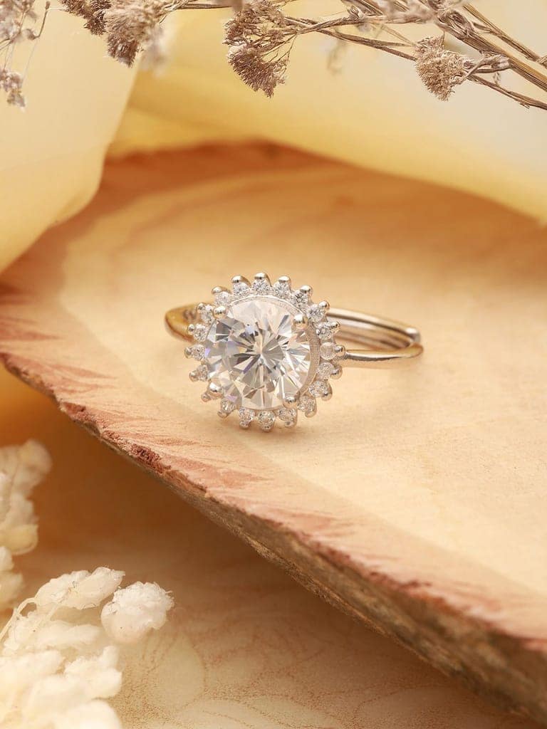 925 Sterling Silver Rhodium Plated Zircon Studded Floral Contemporary Adjustable Finger Ring view 8