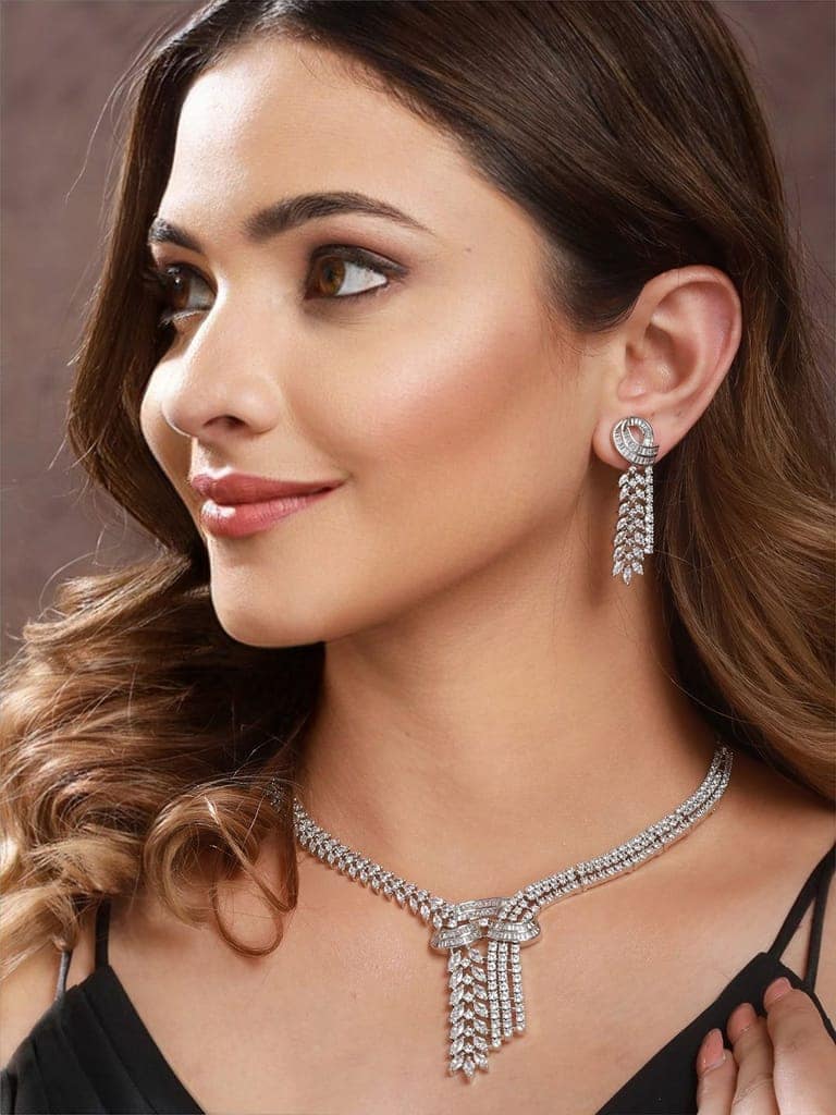 White Rhodium Cubic Zircon Studded Luxe Necklace Jewellery Set view 2