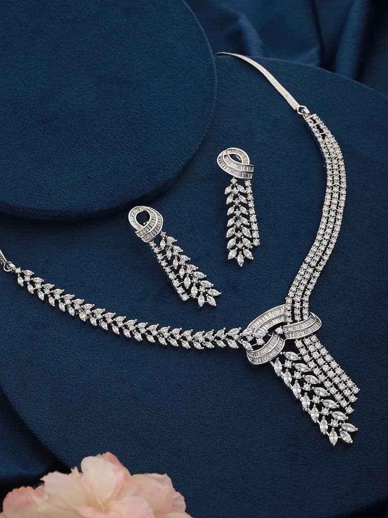 White Rhodium Cubic Zircon Studded Luxe Necklace Jewellery Set view 3