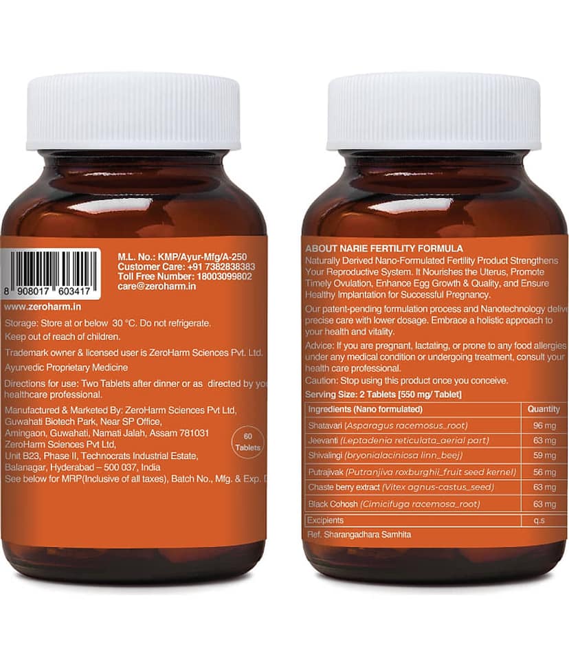 ZEROHARM Narie Fertility Formula Tablets with Shatavari, Jivanti, Shivalingi, Chaste Berry 60 Nos view 2