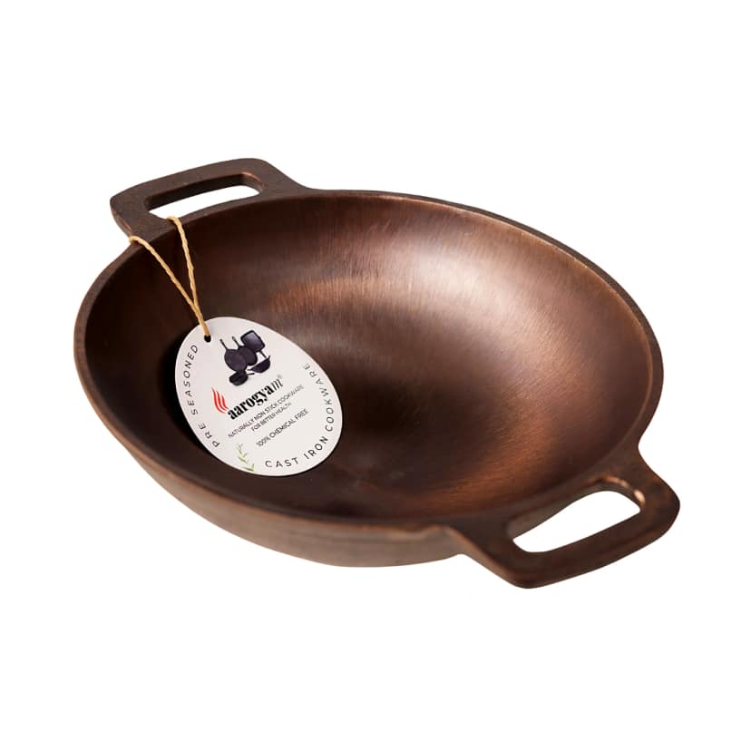 Aarogyam Cast Iron Double Handle Round Loha Kadai, 9 inch Diameter (23 cm), Pre-Seasoned, Naturally Non-Stick,Toxin-Free, Compatible With Gas Stove- Perfect For Deep Frying Weight : 2.3 Kg (Colour - Black) by Aarogyam - The Cast Iron Shop