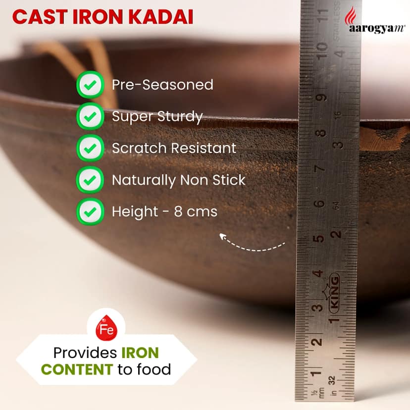 Aarogyam Cast Iron Double Handle Round Loha Kadai, 9 inch Diameter (23 cm), Pre-Seasoned, Naturally Non-Stick,Toxin-Free, Compatible With Gas Stove- Perfect For Deep Frying Weight : 2.3 Kg (Colour - Black) by Aarogyam - The Cast Iron Shop view 2