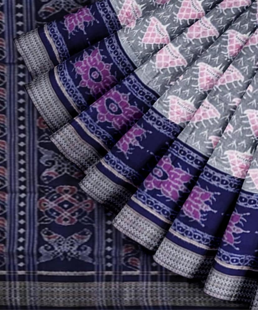 Gray Blue Sambalpuri Handwoven Single Ikat Cotton Saree SFCSAR2260 view 2