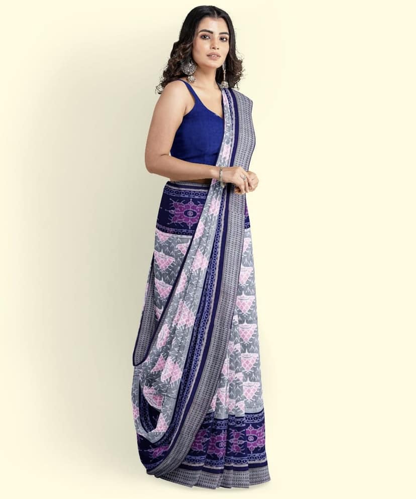 Gray Blue Sambalpuri Handwoven Single Ikat Cotton Saree SFCSAR2260 view 3