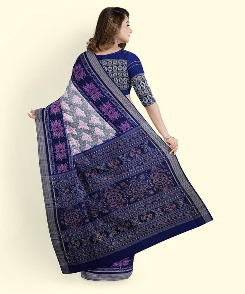 Gray Blue Sambalpuri Handwoven Single Ikat Cotton Saree SFCSAR2260 view 4