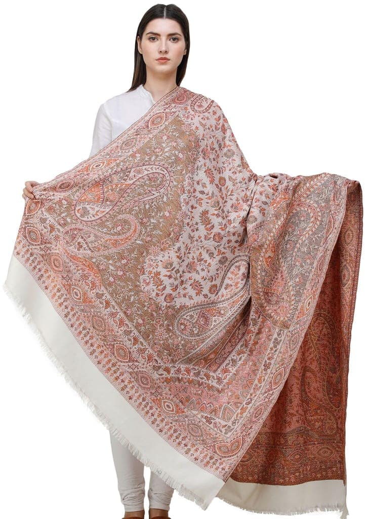 Snow-White Reversible Jamawar Shawl with Woven Paisleys view 4