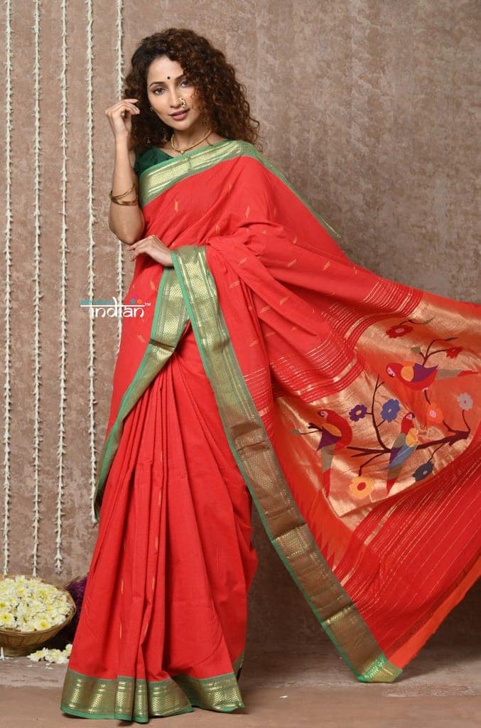 Tyohaar ~Handloom Pure Cotton Paithani Saree with Traditional Parrot Pallu ~ Bright Red view 2