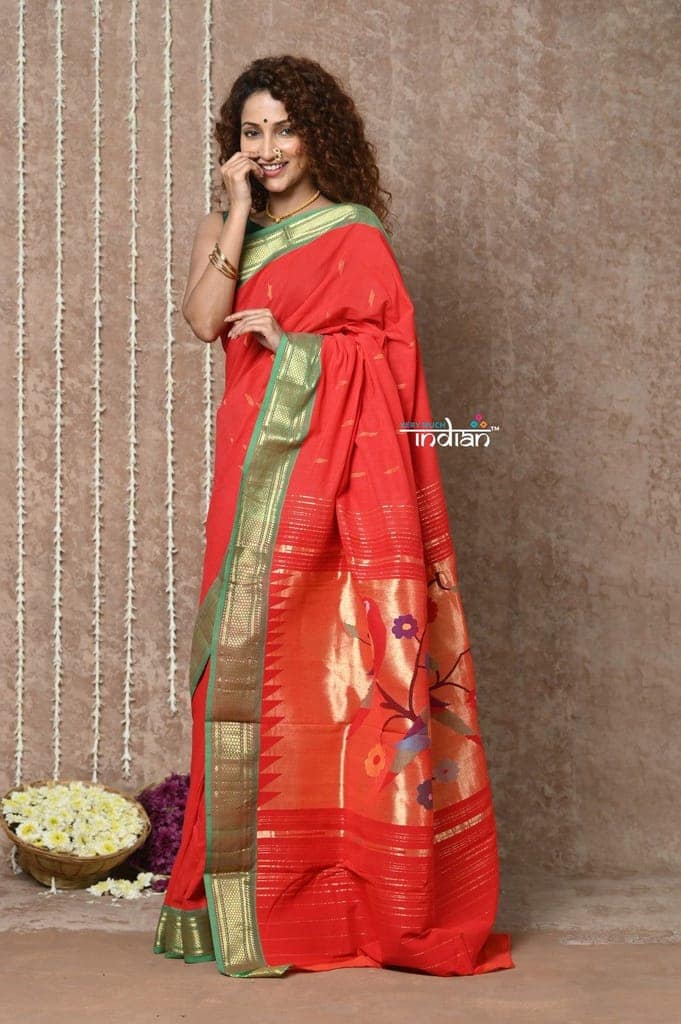 Tyohaar ~Handloom Pure Cotton Paithani Saree with Traditional Parrot Pallu ~ Bright Red view 3