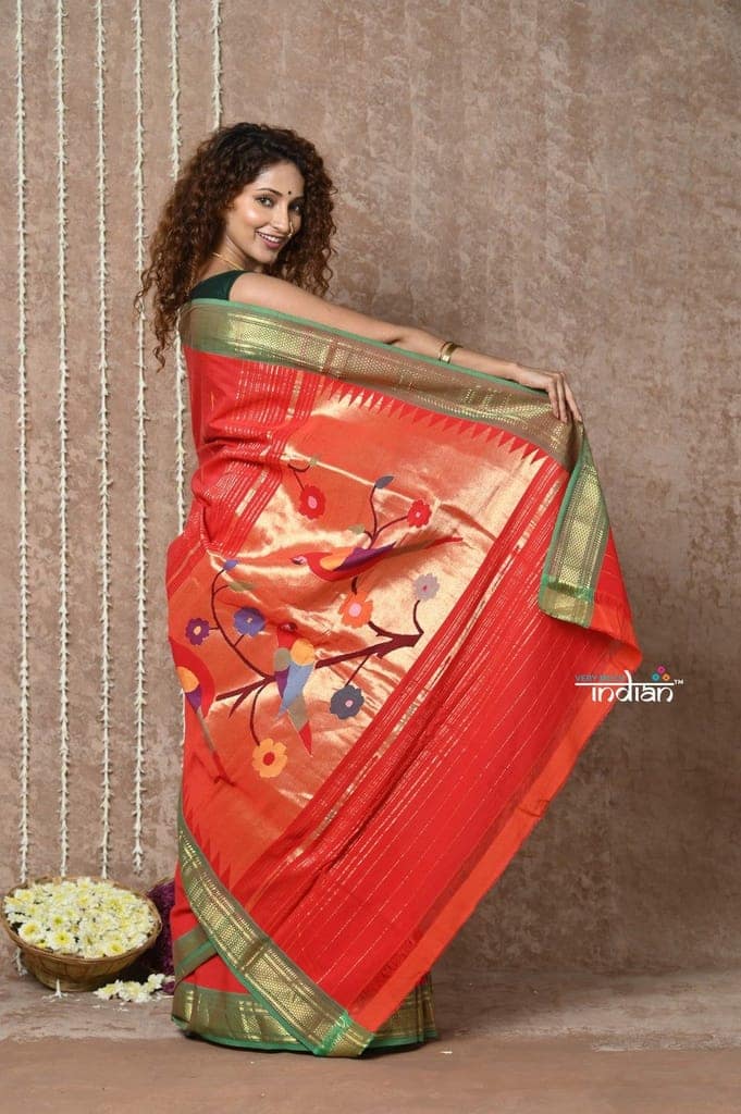 Tyohaar ~Handloom Pure Cotton Paithani Saree with Traditional Parrot Pallu ~ Bright Red view 4