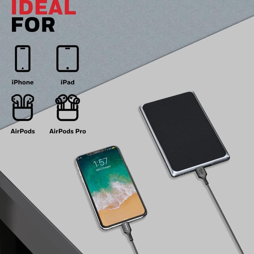 Honeywell USB to Lightning Silicone Fast Charge Cable for iPhone, Airpods etc, MFI, 1.8M - Black view 3
