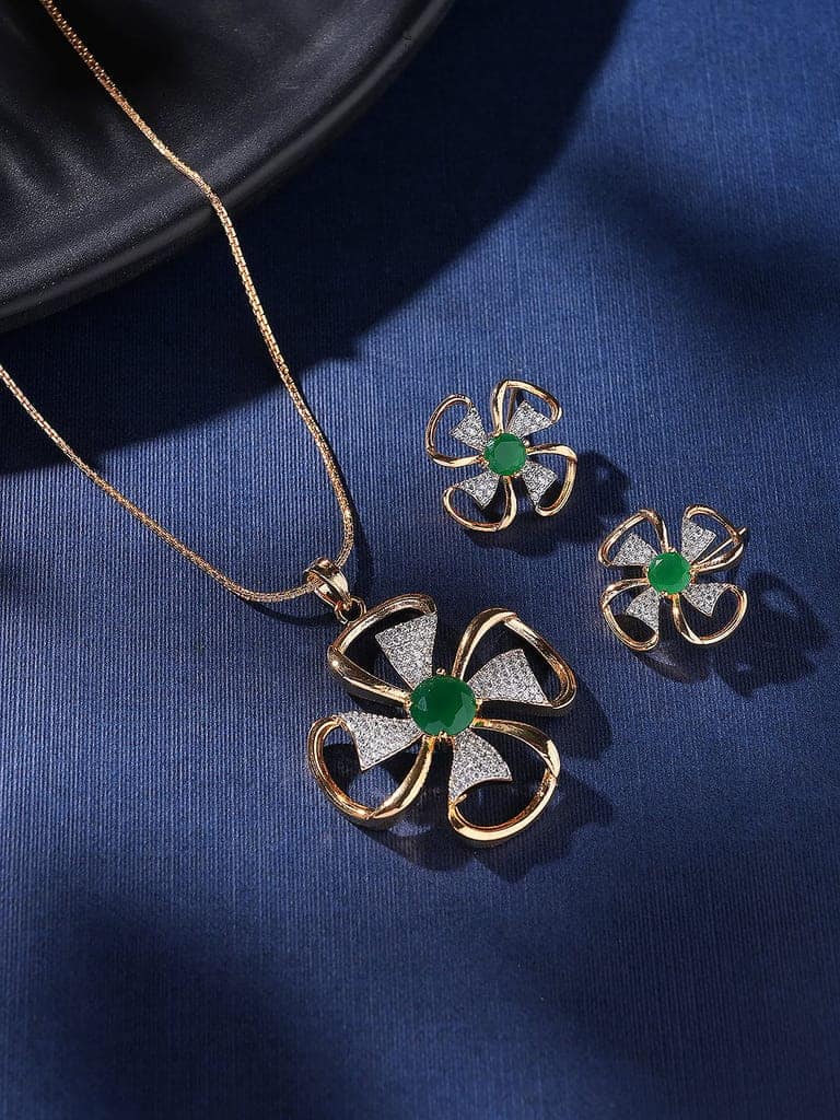 Gold Toned AD Studded Designer Minimal Floral Pendant Jewellery Set view 4