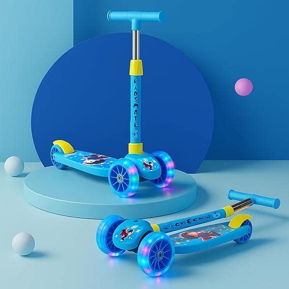 Kidsmate Rider Pro Kick Scooter with Broad PU LED Wheels | 3-Wheel Skating Scooter for Boys & Girls of Ages 2-12 Years (Blue)