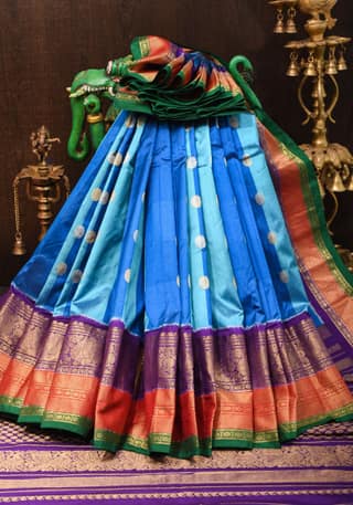 Blue and Turquoise Yellow Kanjivaram Pure Silk Saree with Checks and two-tone Border | SILK MARK CERTIFIED