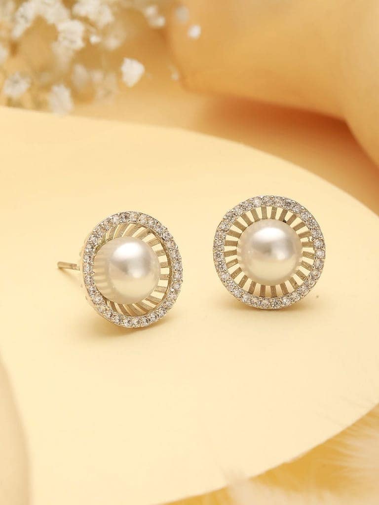 Silver Plated AD Studded Orbital Pearl Minimal Studds Earrings view 3
