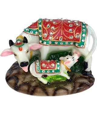 Fashion Bizz Handcrafted Marble Kamdhenu Cow Statue With Calf For Home Decor Decorative Showpiece - 10 cm