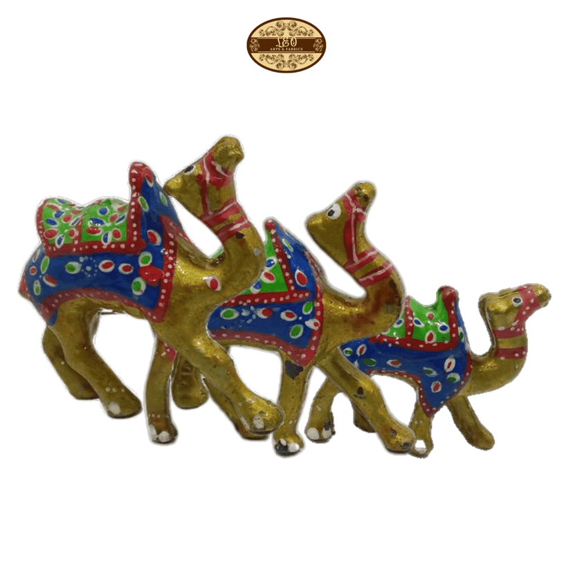 Handcrafted Paper Mache Camel Family Figurines, Set of 3, Golden