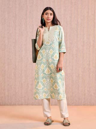 Aqua Green Cotton Flax Printed Kurti With Lace & Embroidery